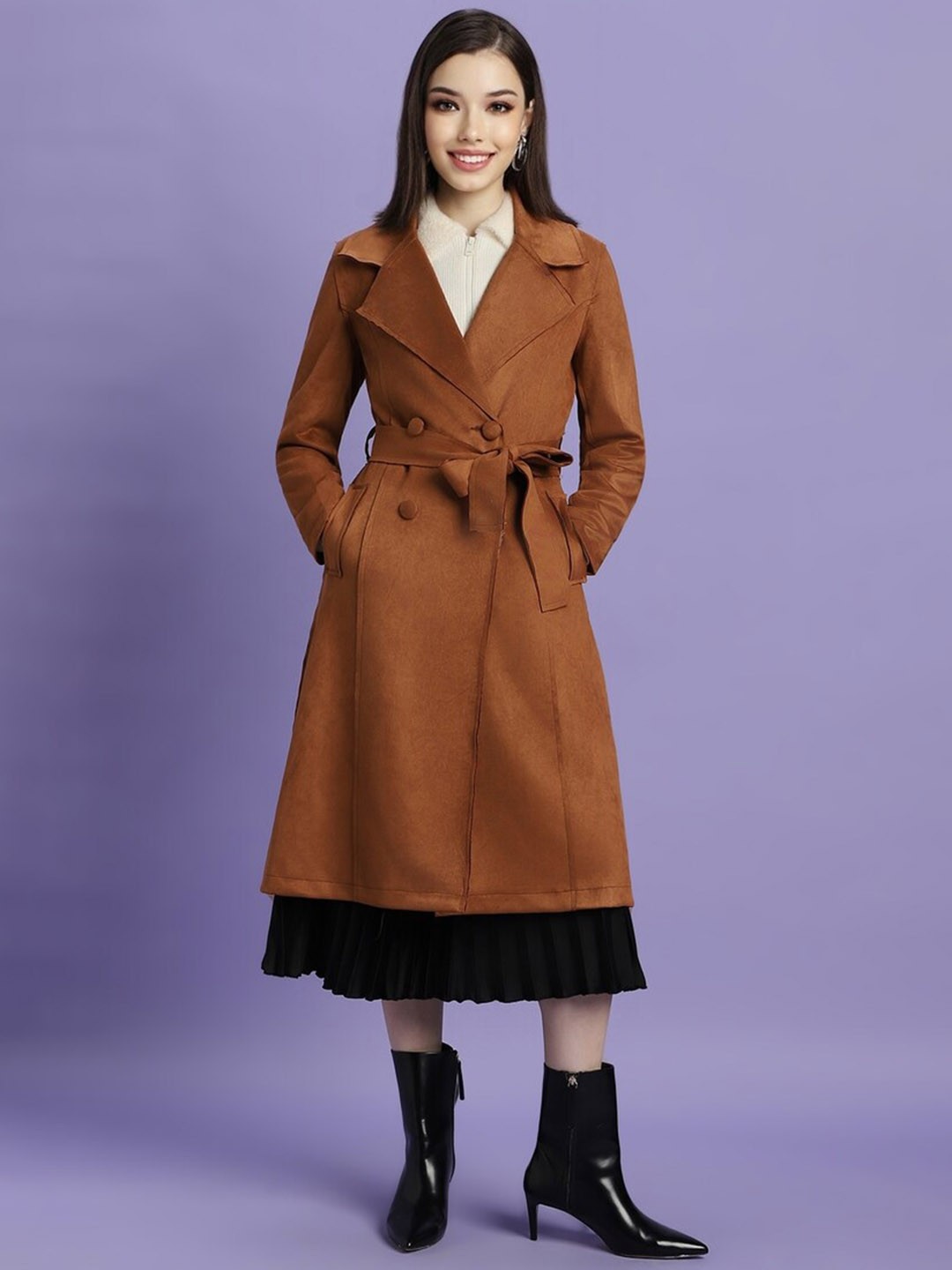 

FOREVER 21Notched Lapel Tie Up Longline Trench Coat, Brown