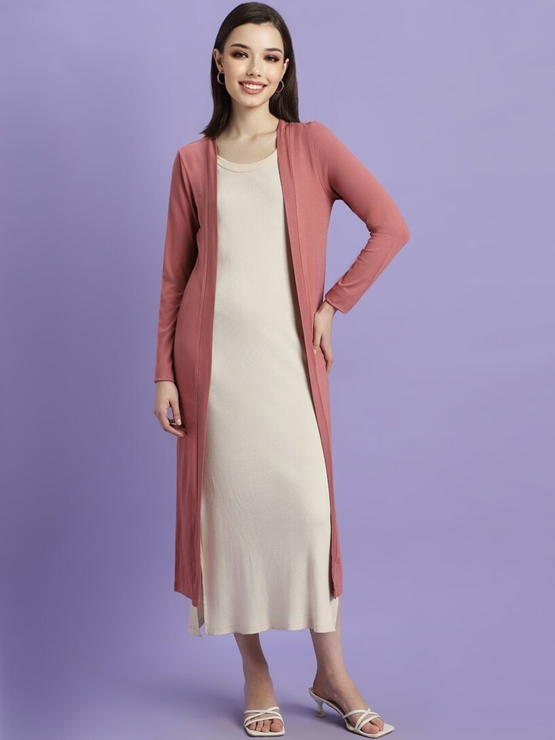 

FOREVER 21Long Sleeves Longline Open Front Shrug, Pink