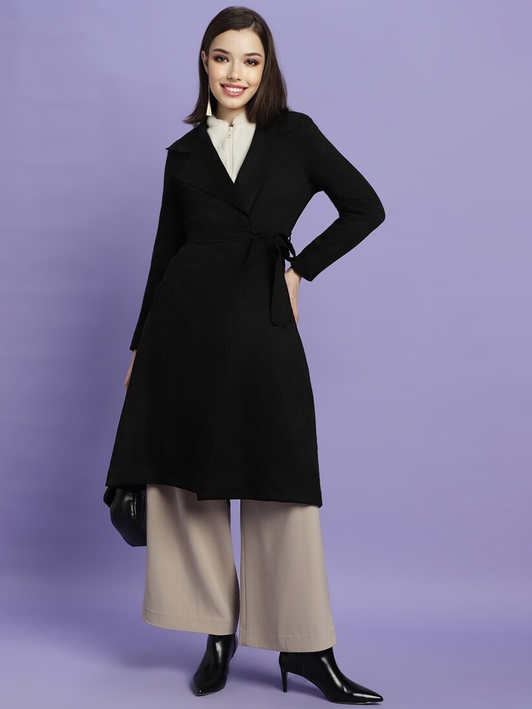 

FOREVER 21Notched Lapel Tie Up Longline Trench Coat, Black