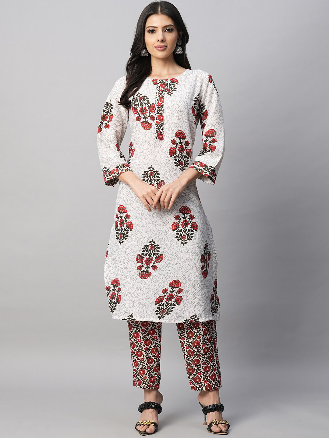 

DIVASTRI Floral Printed Regular Thread Work Pure Cotton Kurta with Trousers & Dupatta, White