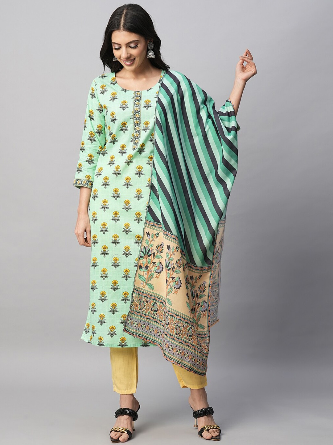 

DIVASTRI Floral Printed Pure Cotton Straight Kurta & Trousers With Dupatta, Green