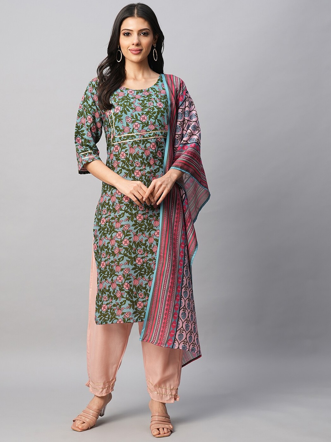 

DIVASTRI Round Neck Floral Printed Regular Gotta Patti Pure Cotton Kurta Set, Grey
