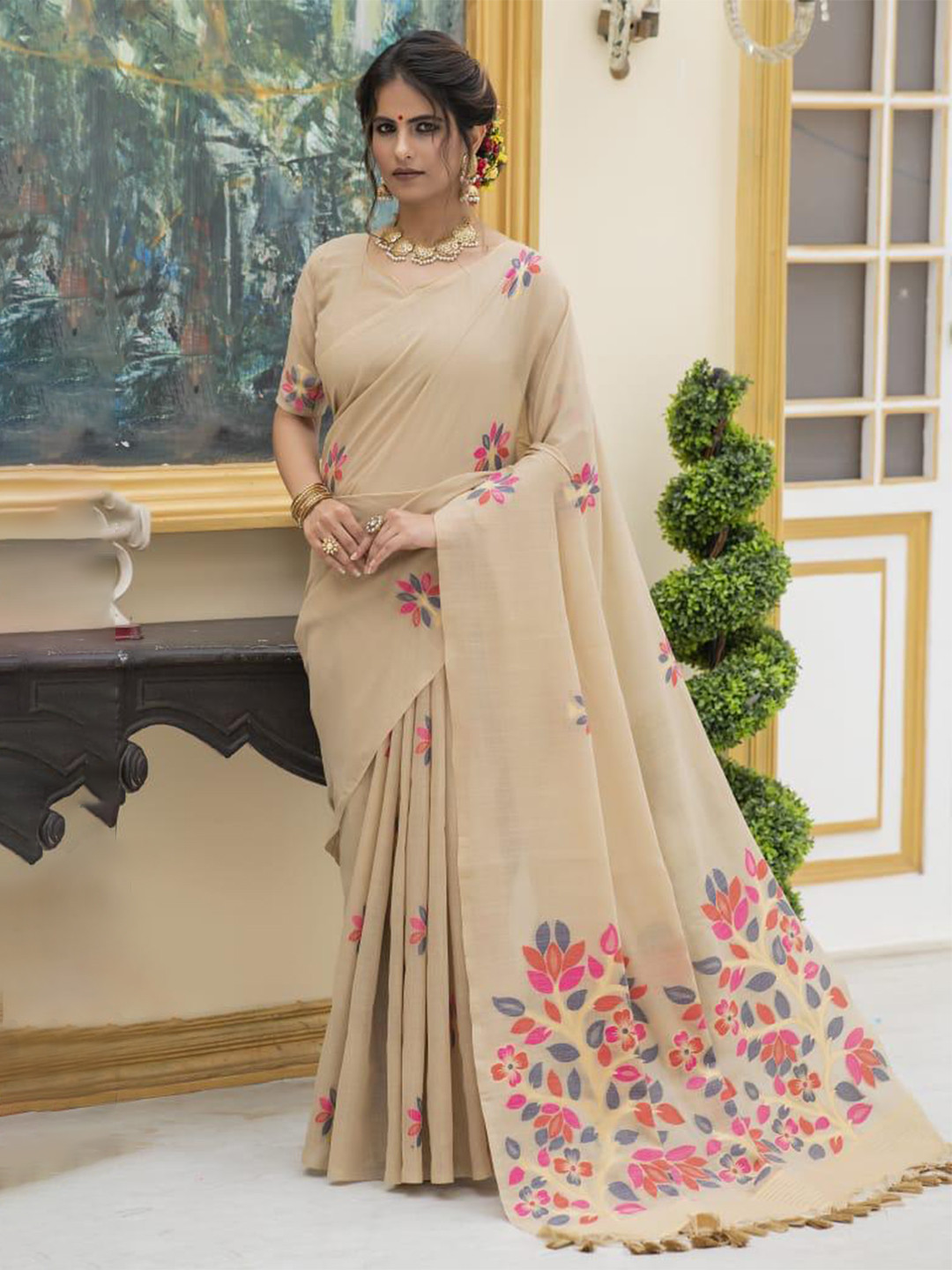 

NK Textiles Woven Design Pure Cotton Khadi Saree, Beige