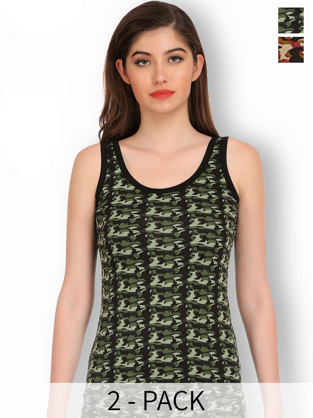 

SELFCARE Pack Of 2 Printed Stretchable Non-Padded Camisoles, Brown