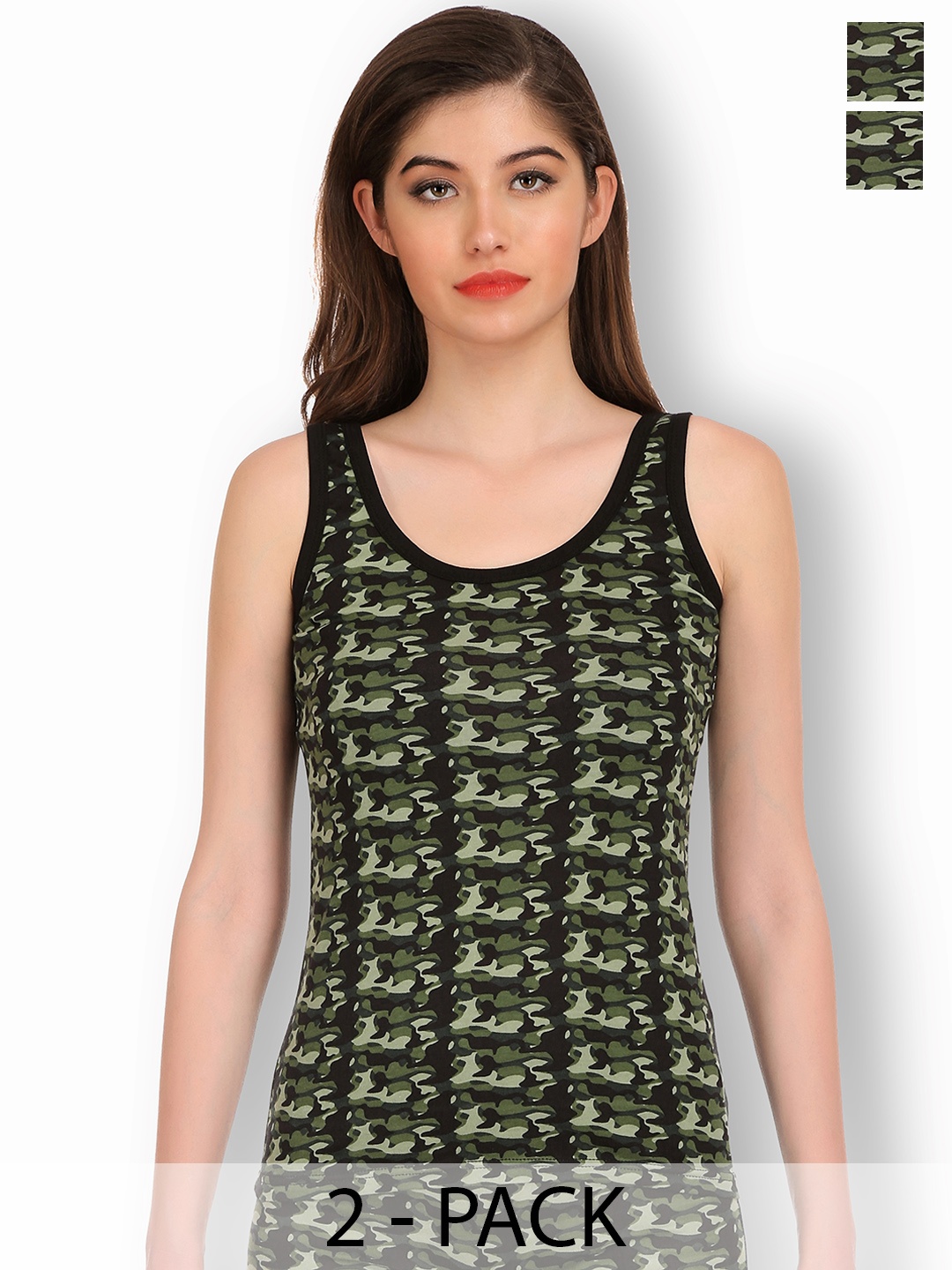 

SELFCARE Pack Of 2 Printed Stretchable Non-Padded Camisoles, Green