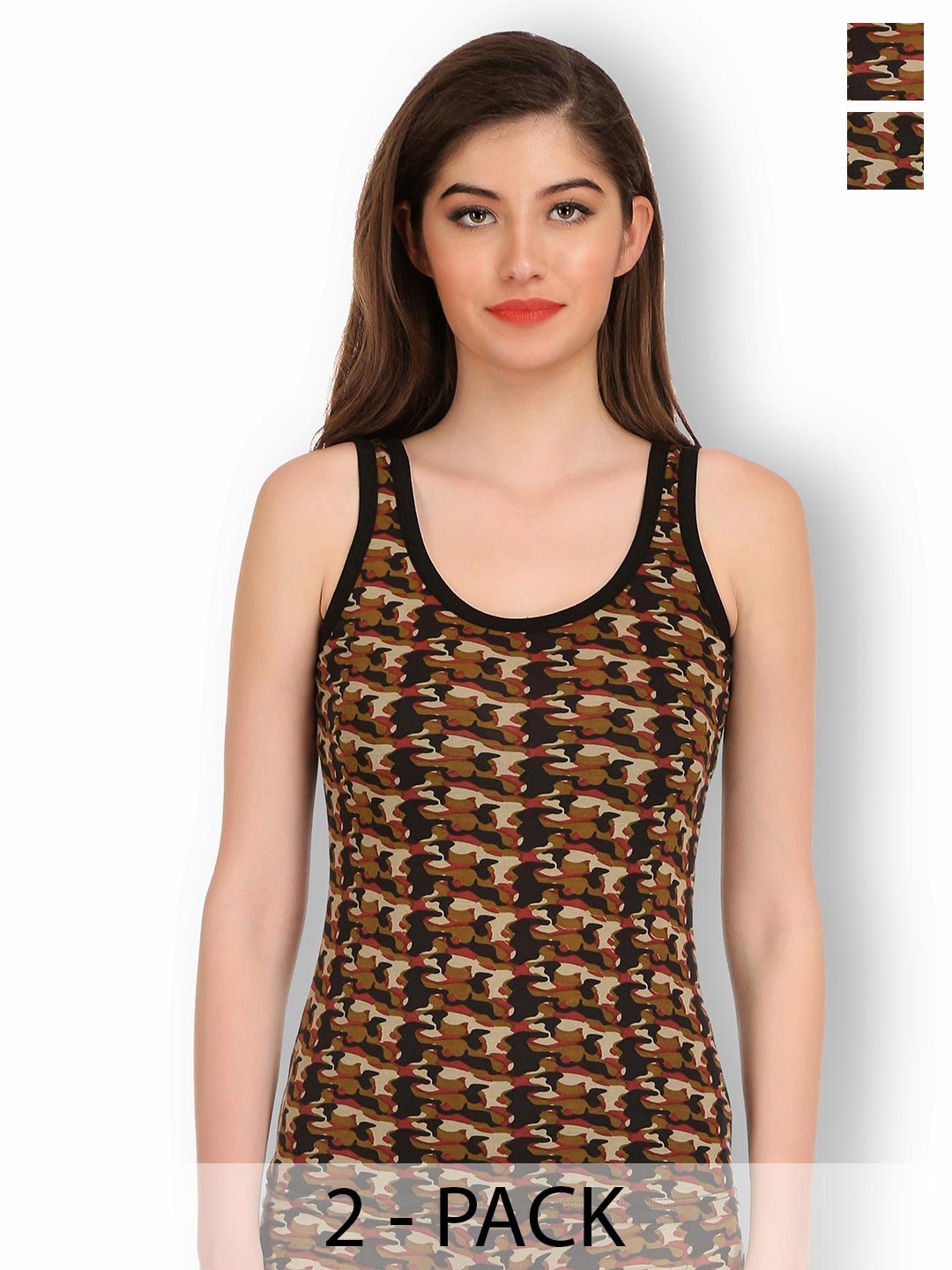 

SELFCARE Pack Of 2 Printed Stretchable Non-Padded Camisoles, Brown