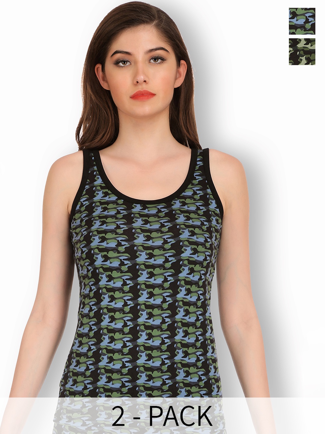 

SELFCARE Pack Of 2 Printed Stretchable Non-Padded Camisoles, Green