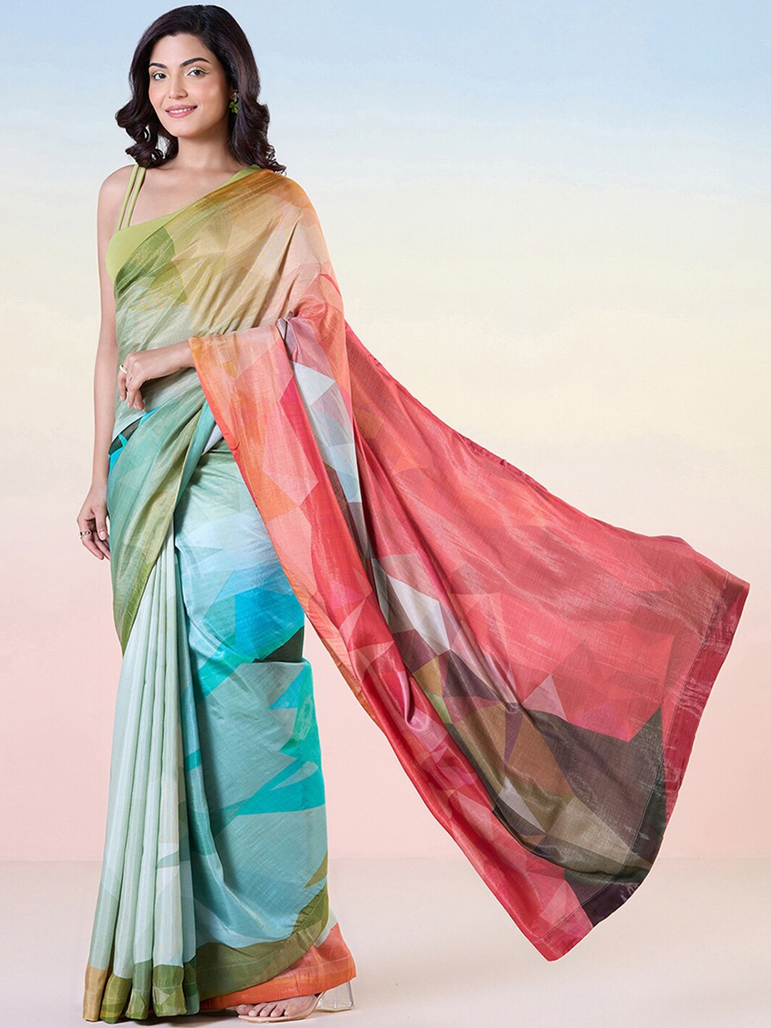 

navyasa by liva Geometric Printed Liva Saree, Green
