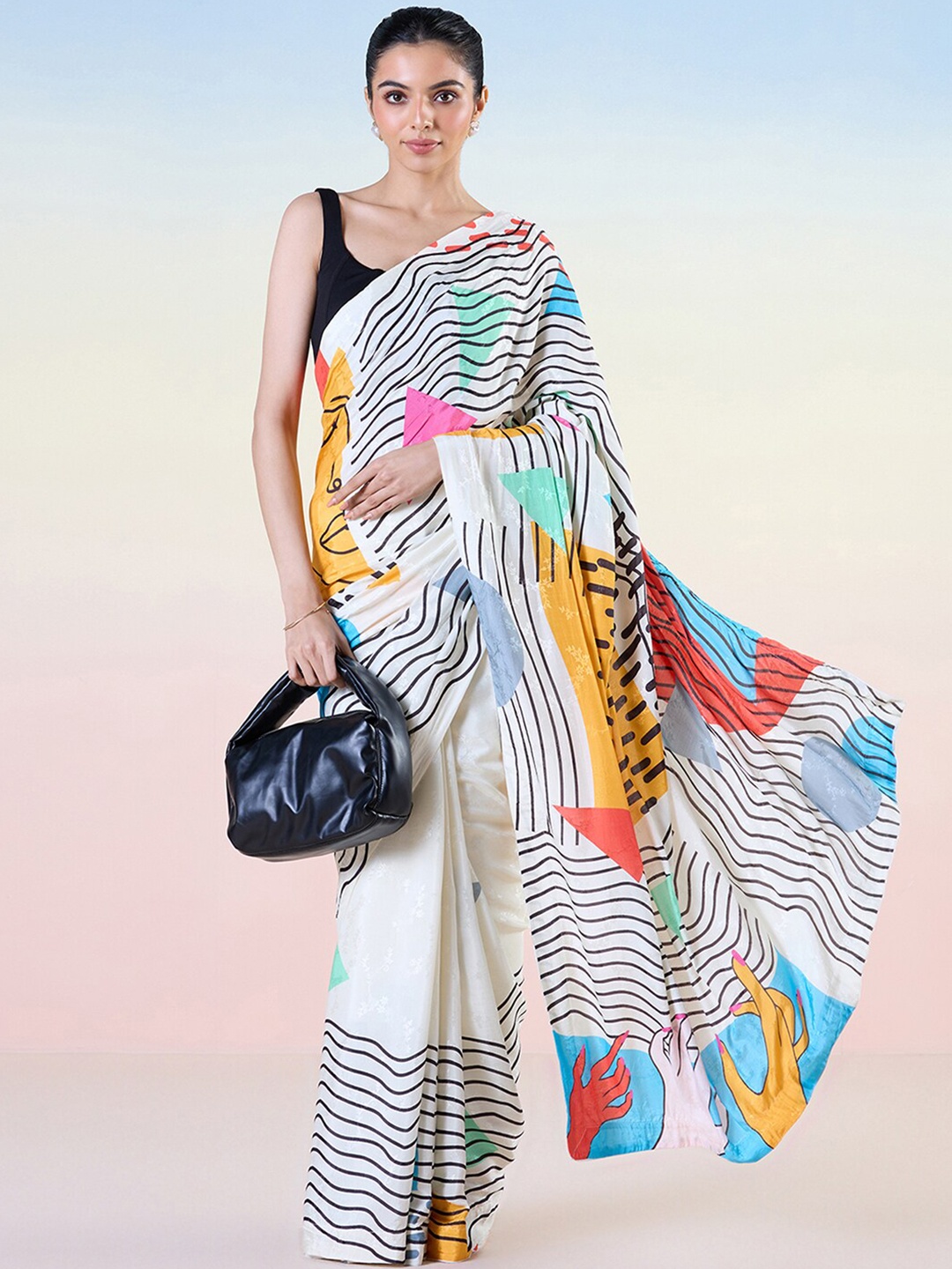 

navyasa by liva Abstract Printed Liva Saree, Cream