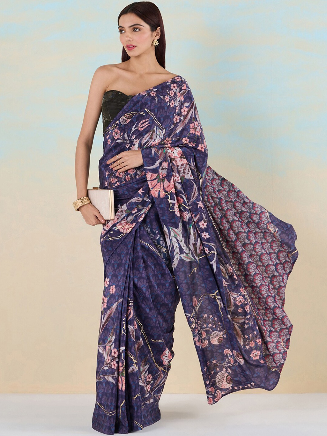 

navyasa by liva Floral Printed Liva Saree, Navy blue