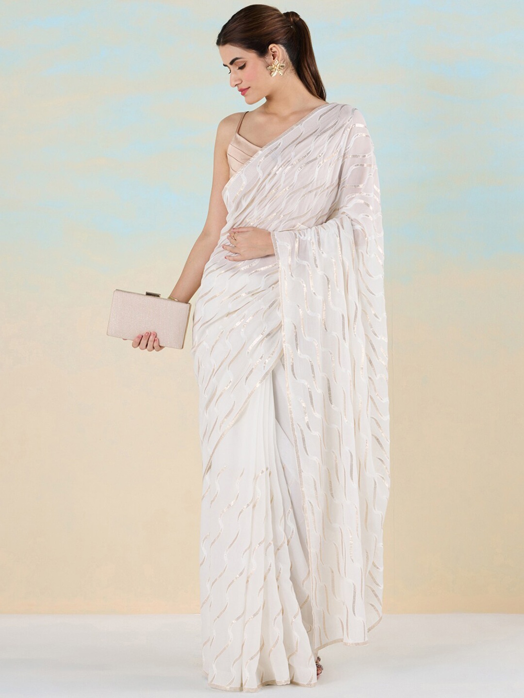 

navyasa by liva Embroidered Embellished Liva Saree, White