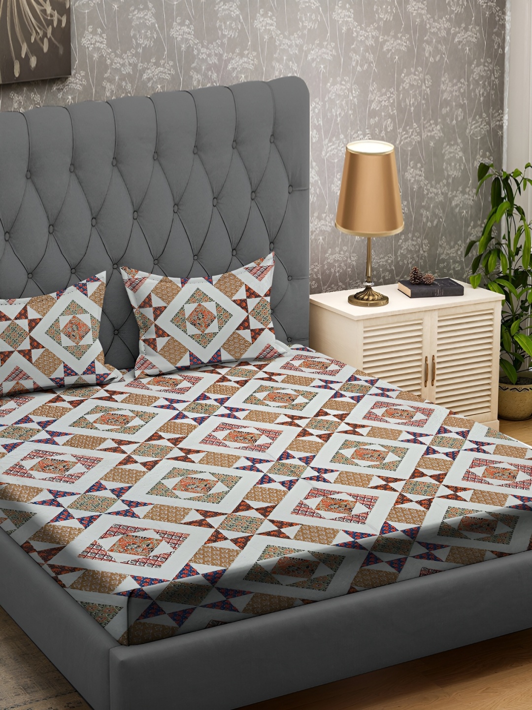 

RRC Beige 7 Orange Ethnic Motifs 164 TC Queen Bedsheet with 2 Pillow Covers