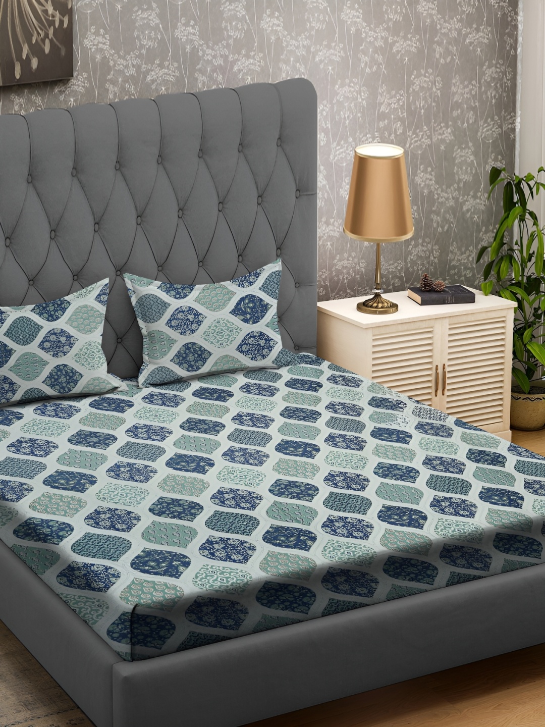 

RRC Turquoise Blue Ethnic Motifs 164 TC Queen Bedsheet with 2 Pillow Covers
