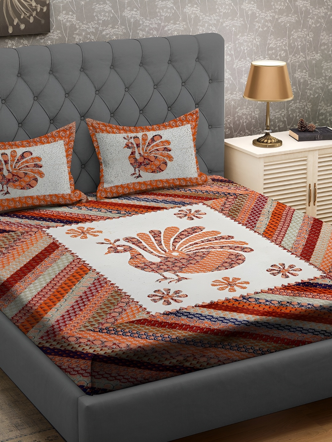 RRC Brown & White Ethnic Motifs 164 TC Queen Bedsheet with 2 Pillow Covers