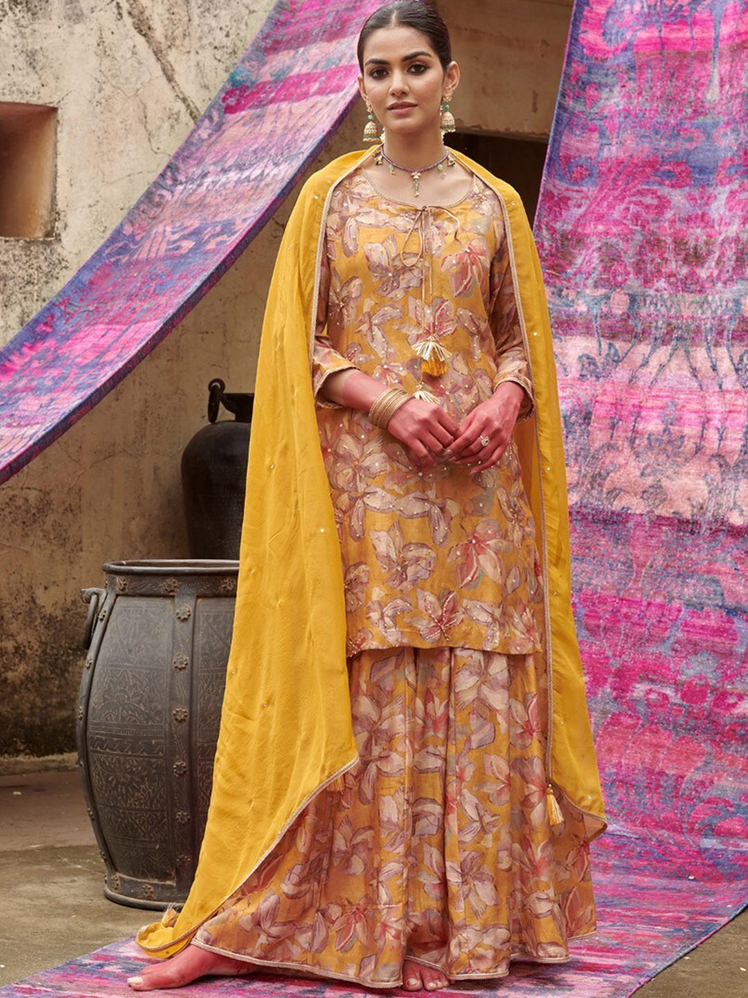 KARAJ JAIPUR Floral Embroidered Gotta Patti Straight Kurta With Sharara & Dupatta, Mustard