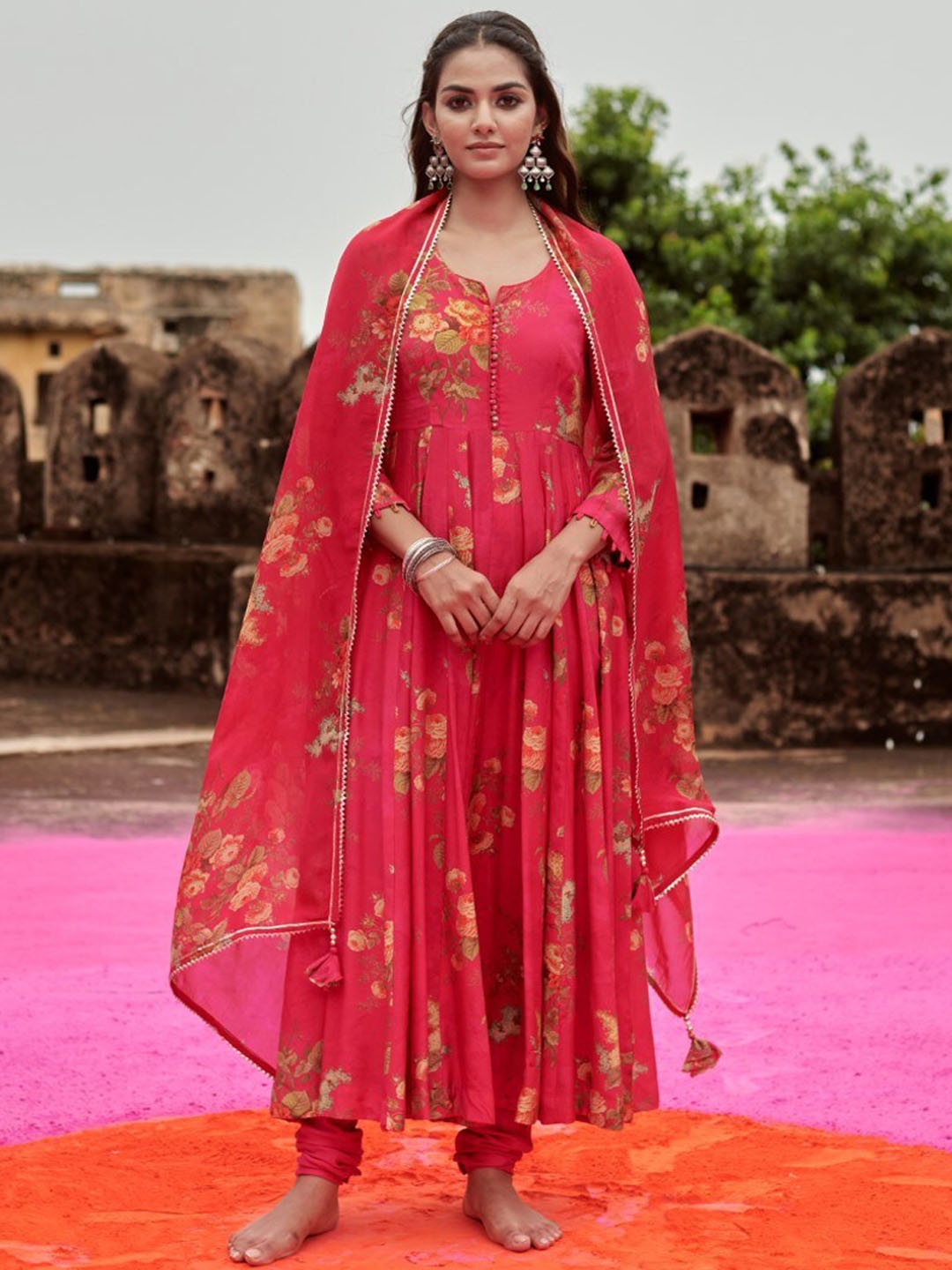 

KARAJ JAIPUR Floral Printed Notch Neck Gotta Patti Anarkali Kurta With Trouser & Dupatta, Pink
