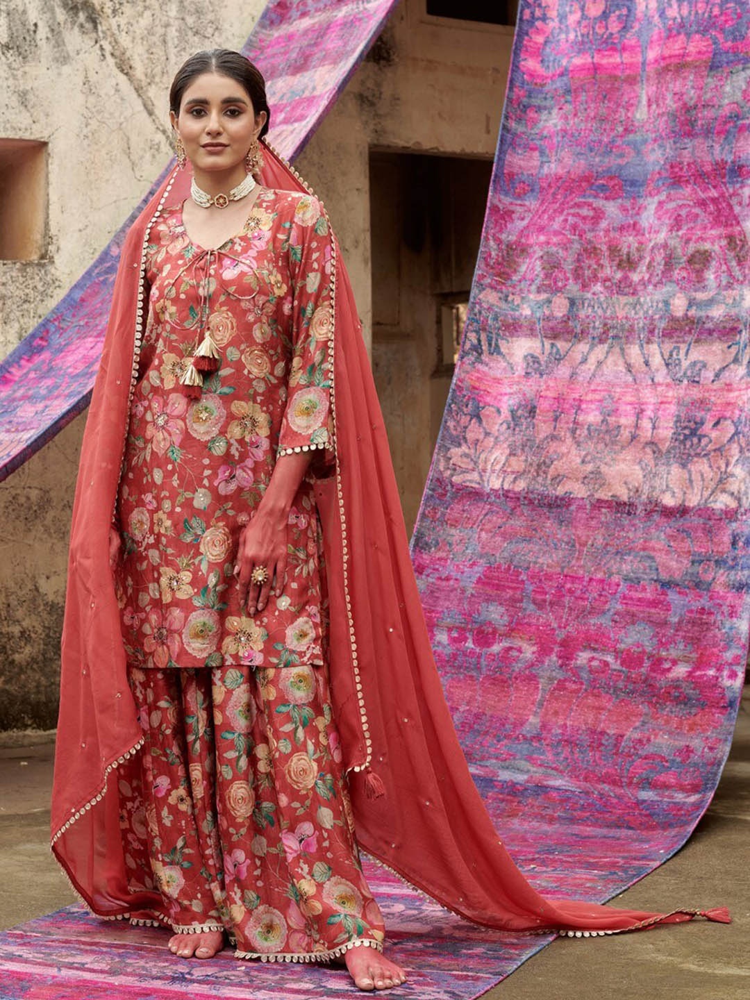 

KARAJ JAIPUR Floral Embroidered V-Neck Gotta Patti Straight Kurta With Sharara & Dupatta, Red