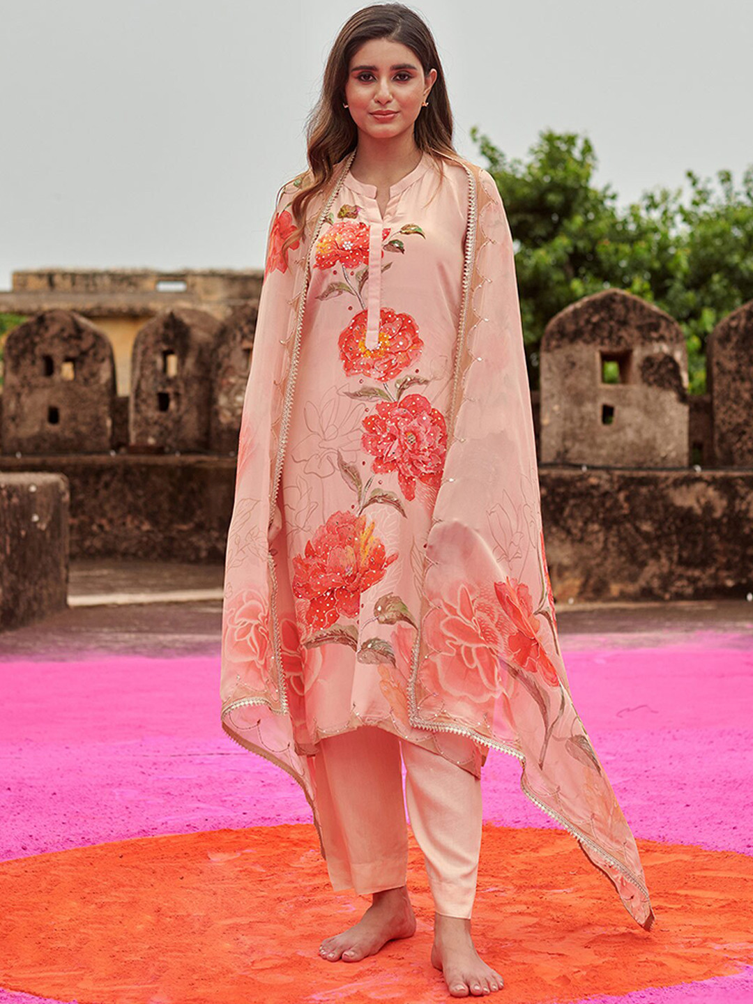 

KARAJ JAIPUR Mandarin Collar Floral Printed Sequined Kurta with Trousers & Dupatta, Peach