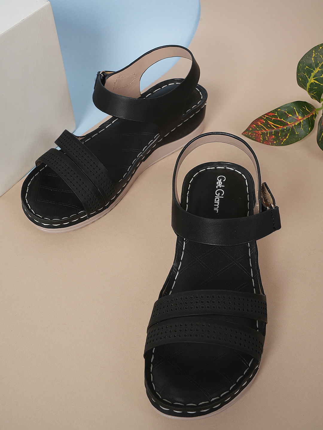 

Get Glamr Laser Cut Open Toe Flats, Black