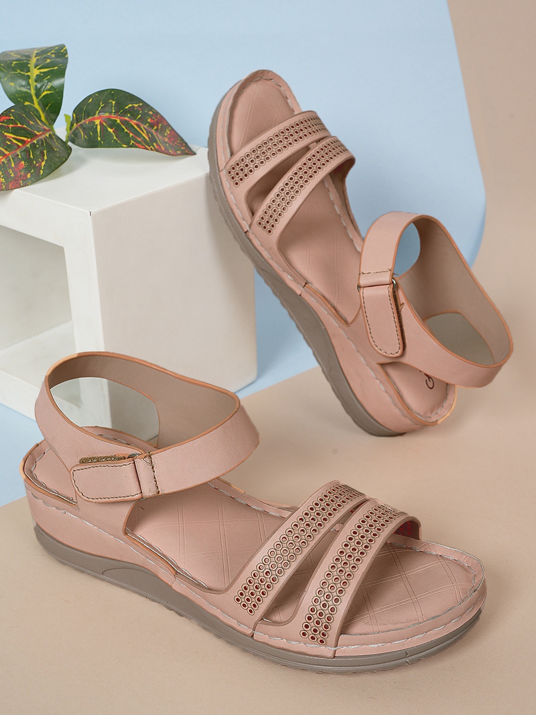 

Get Glamr Textured Open Toe Comfort Heels, Peach