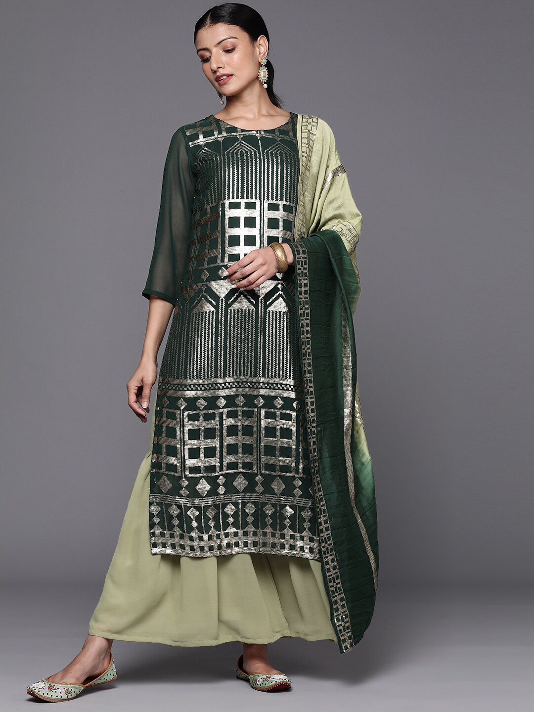 KALINI Woven Design Sequinned Silk Georgette Kurta With Sharara & Dupatta, Green