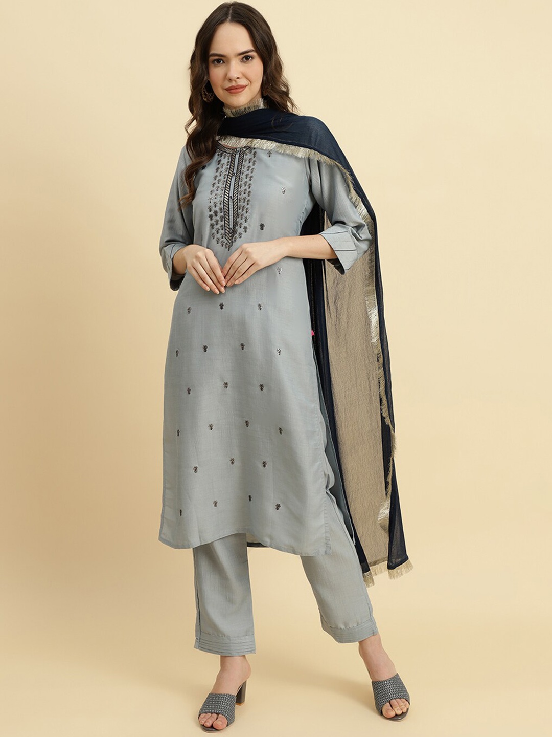 

KALINI Floral Embroidered Regular Sequinned Kurta with Trousers & With Dupatta, Grey