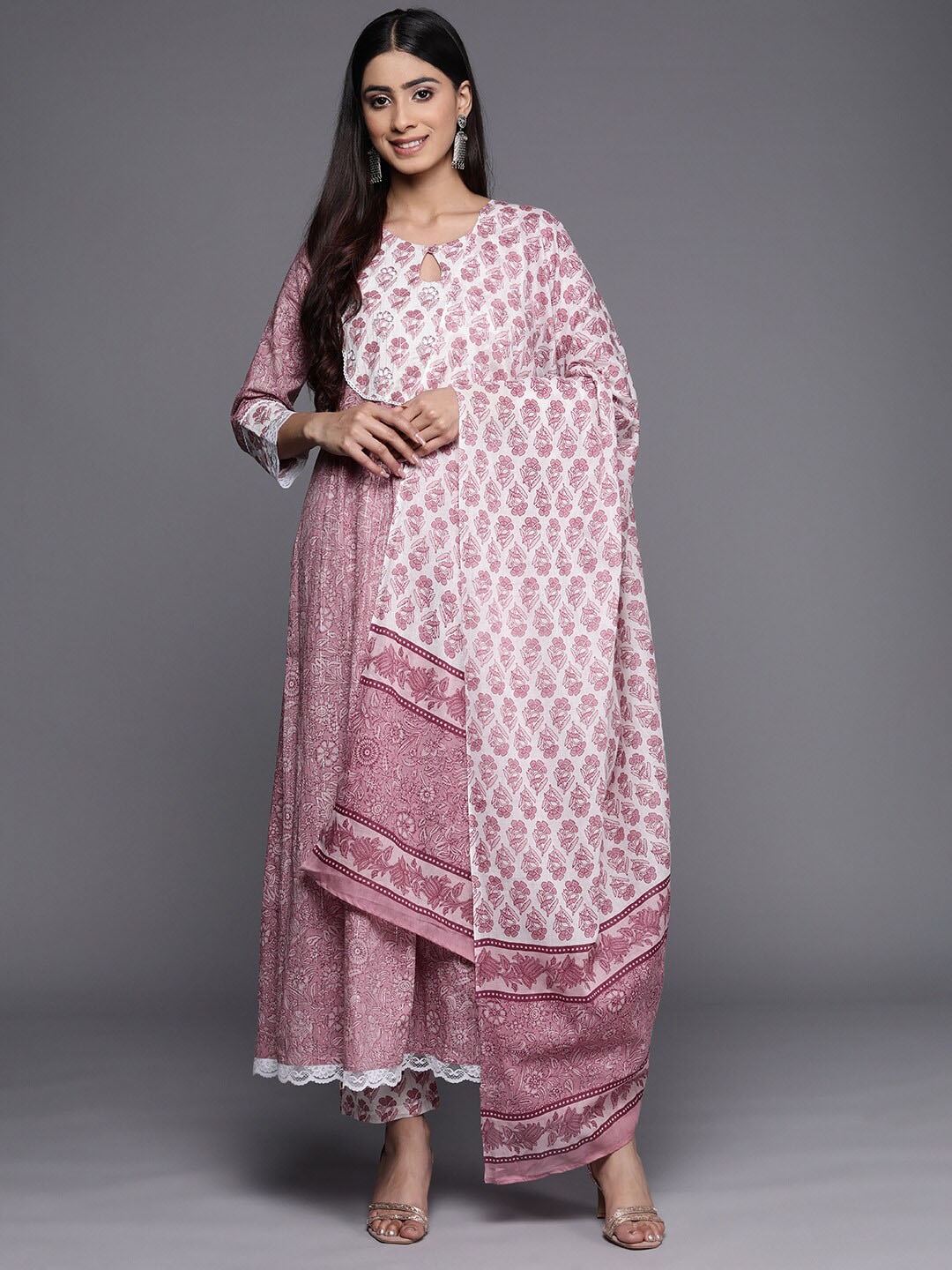 

KALINI Floral Printed Keyhole Neck Pure Cotton Kurta with Trousers & With Dupatta, Mauve