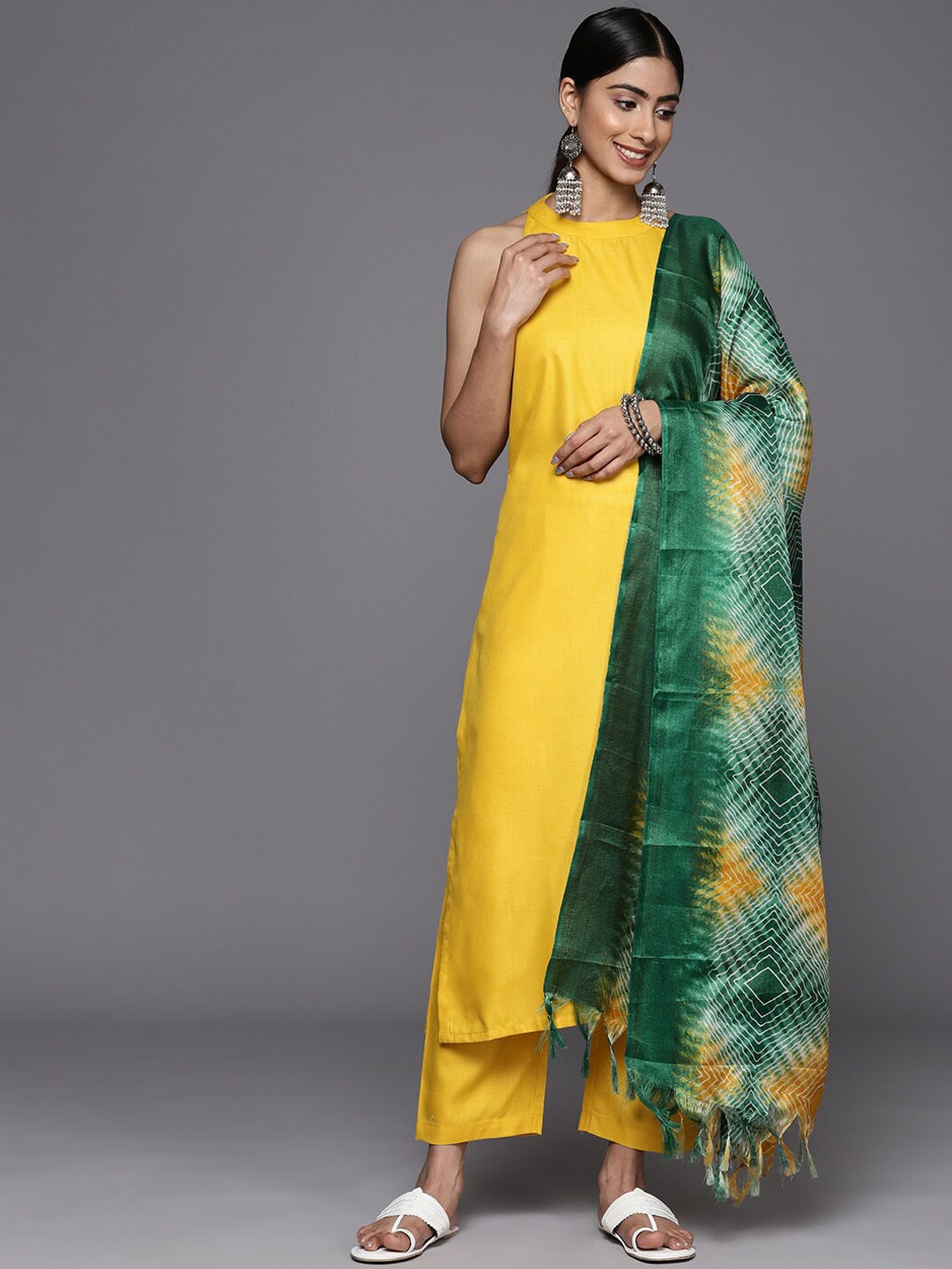 

KALINI Halter Neck Regular Pure Cotton Straight Kurta with Trousers & Dupatta, Yellow
