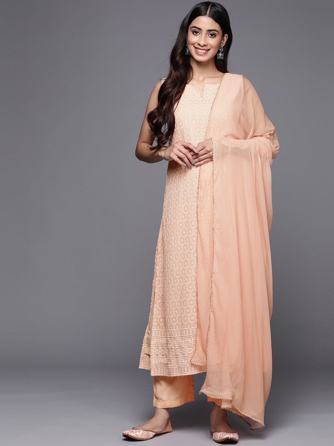 

KALINI Floral Embroidered Regular Thread Work Silk Georgette Kurta with Trousers & Dupatta, Peach