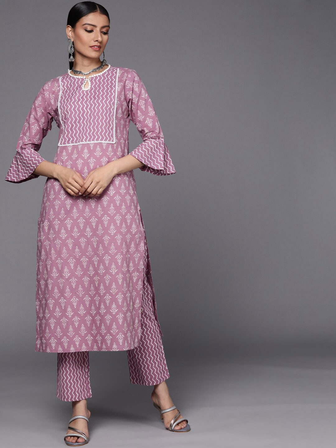 

KALINI Ethnic Motifs Printed Lace Pure Cotton Kurta With Trouser, Mauve