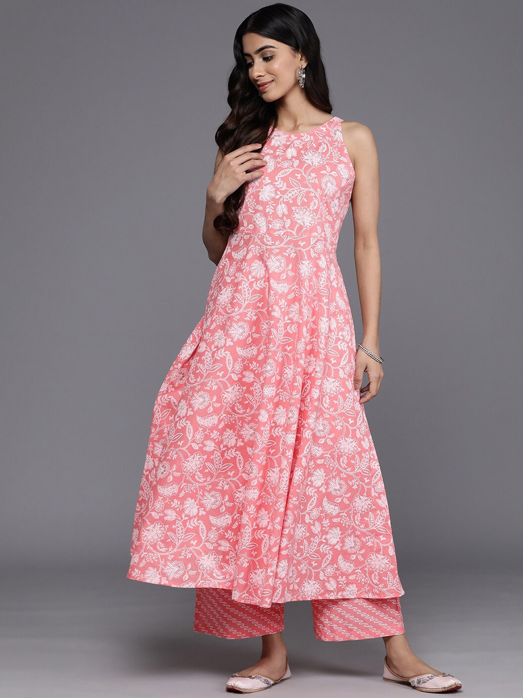 KALINI Floral Printed Empire Pure Cotton Kurta With Trouser, Peach