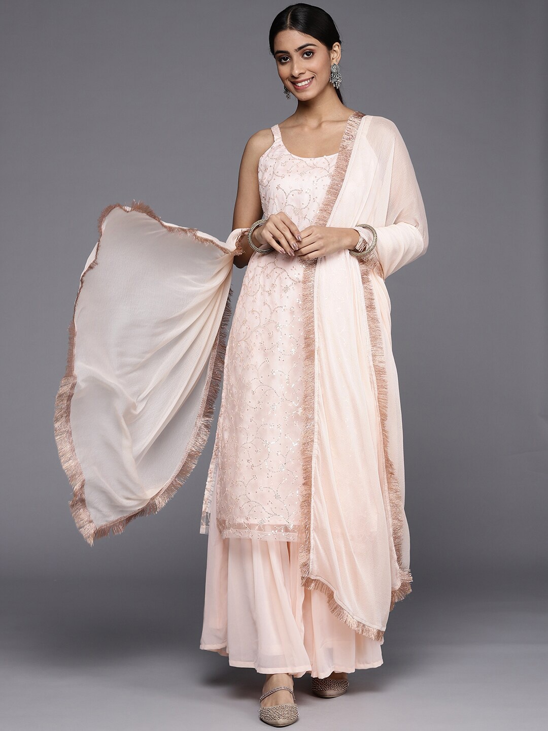 

KALINI Floral Embroidered Sequinned Net Kurta With Sharara & Dupatta, Peach