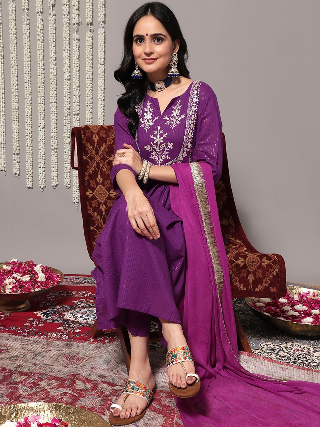 

KALINI Floral Yoke Design Empire Gotta Patti Pure Cotton Kurta with Trousers & Dupatta, Purple