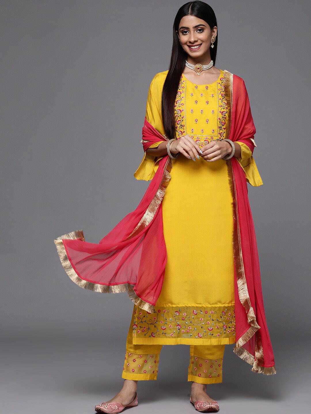 

KALINI Floral Embroidered Straight Kurta with Trousers & Dupatta, Yellow