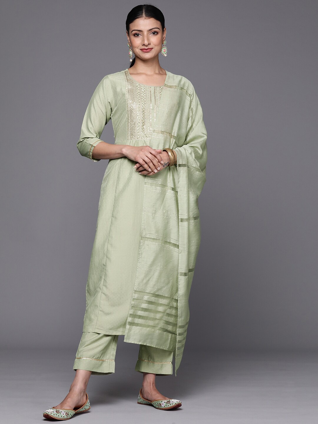 

KALINI Yoke Designed Regular Sequinned Kurta with Trousers & Dupatta, Olive