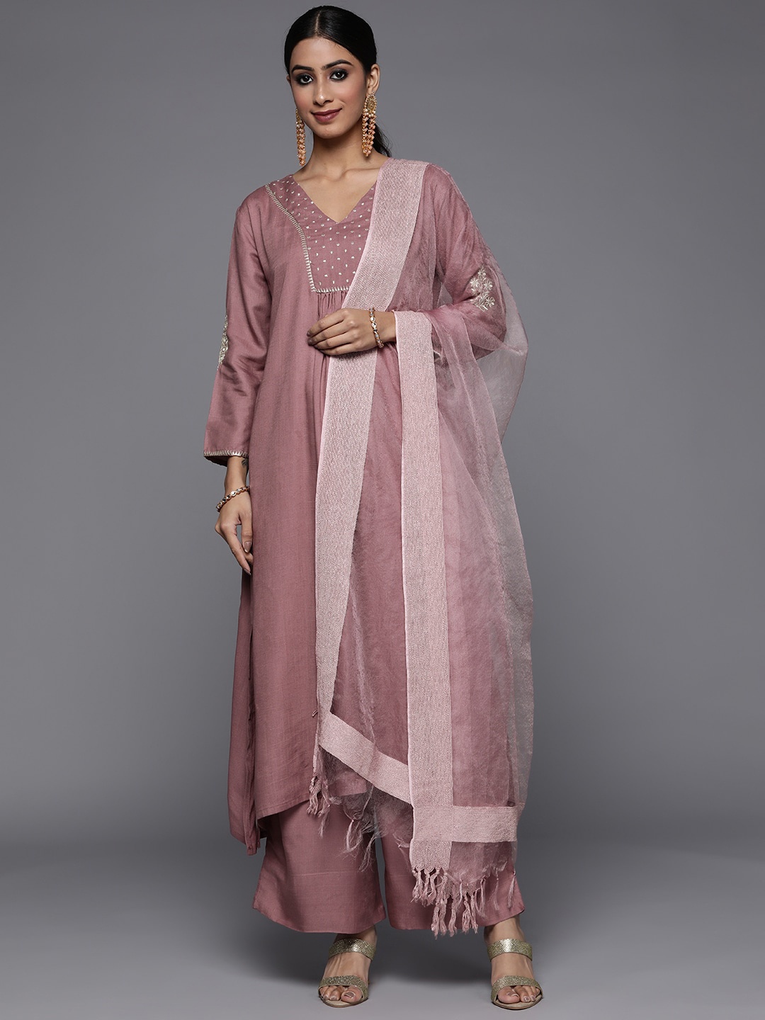 

KALINI Embroidered Regular V-Neck A-Line Kurta with Palazzos & Dupatta, Mauve