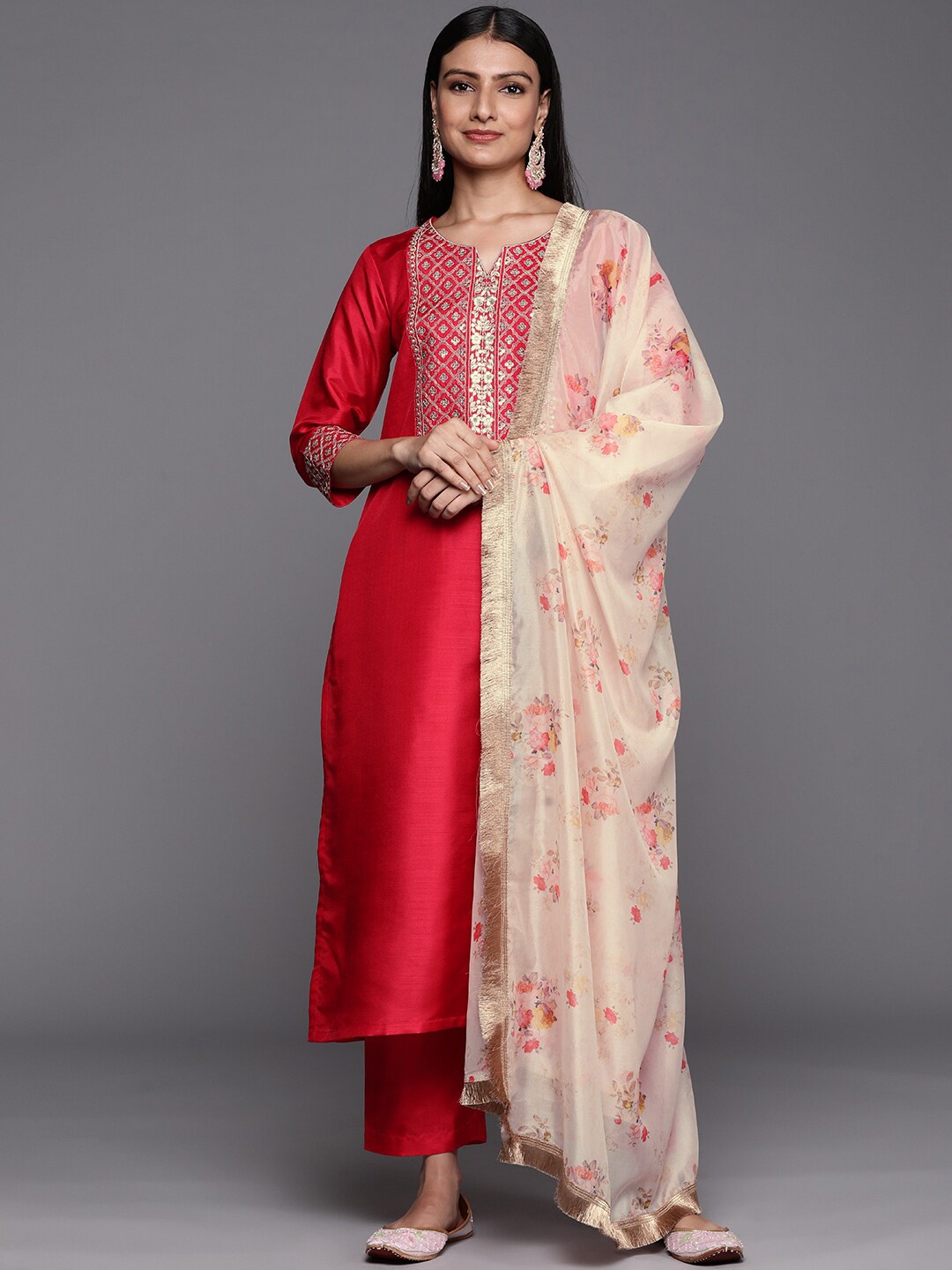 

KALINI Ethnic Motifs Yoke Design Sequinned Kurta With Trouser & Dupatta, Pink