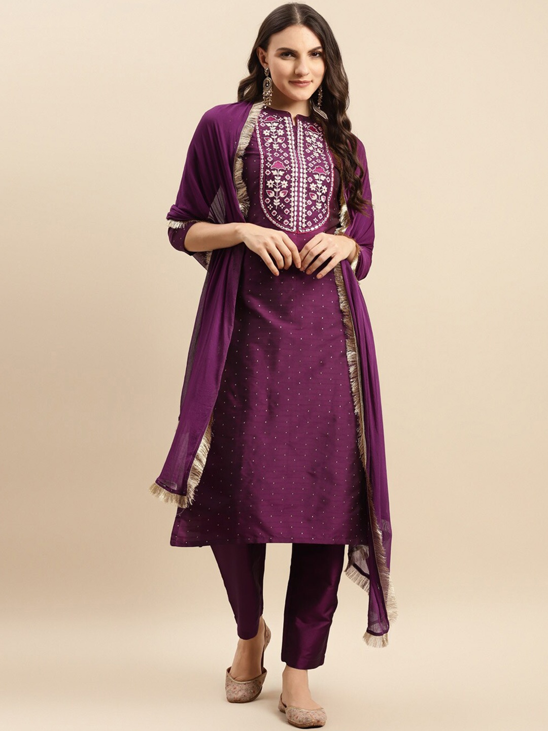 

KALINI Floral Yoke Design Thread Work Straight Kurta With Trouser & Dupatta, Purple