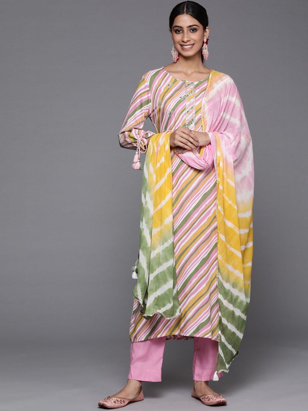 

KALINI Embroidered Regular Gotta Patti Kurta with Trousers & Dupatta, Pink