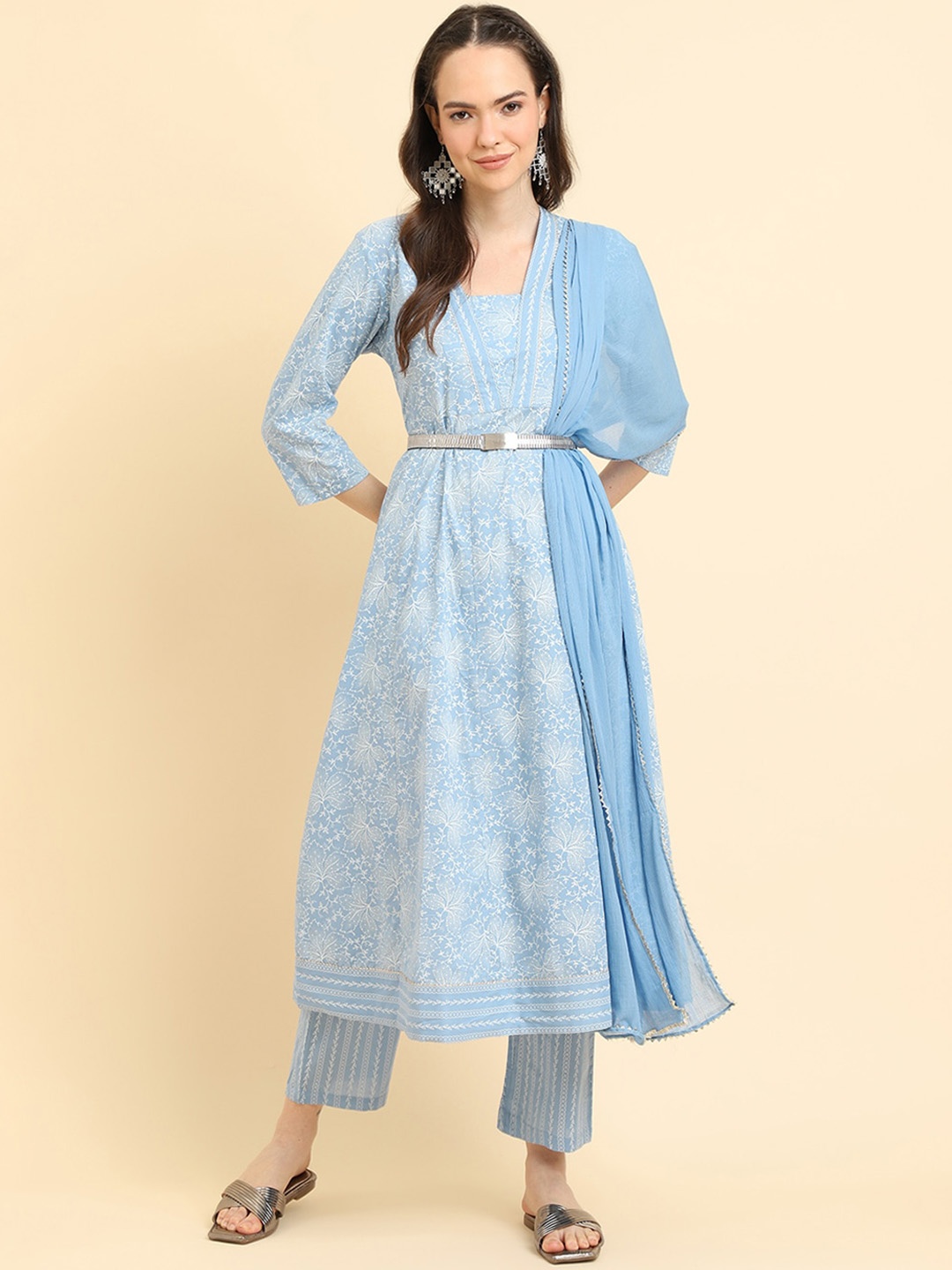 

KALINI Floral Printed Panelled Gotta Patti Pure Cotton Kurta with Trousers & Dupatta, Blue