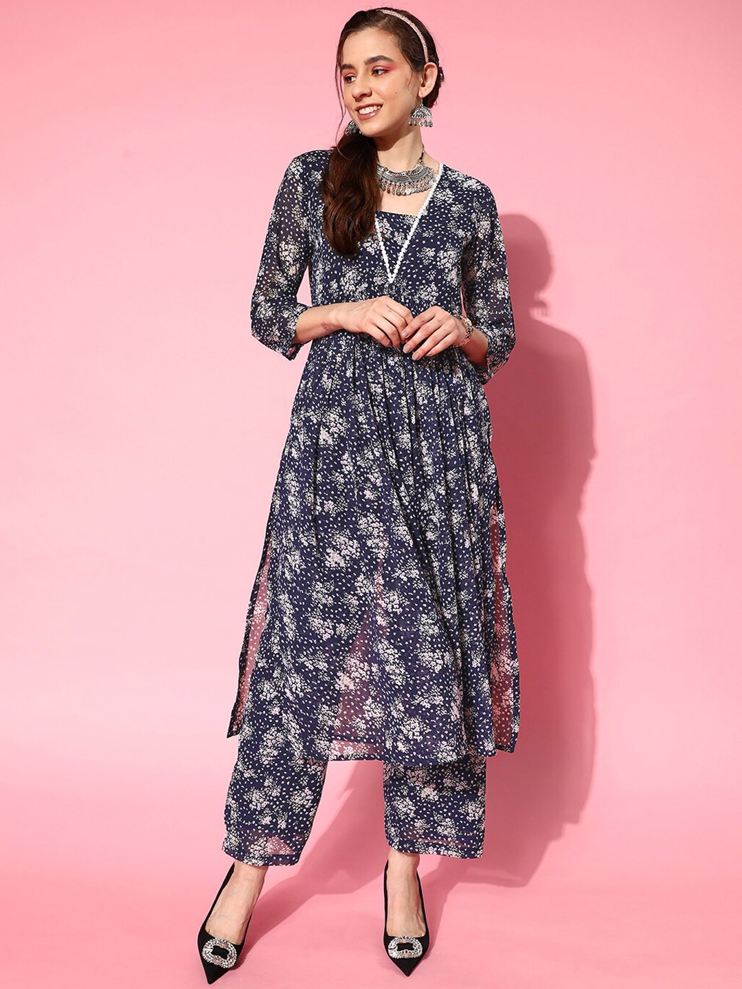 

KALINI Floral Printed Empire Silk Georgette Straight Kurta with Trousers, Navy blue
