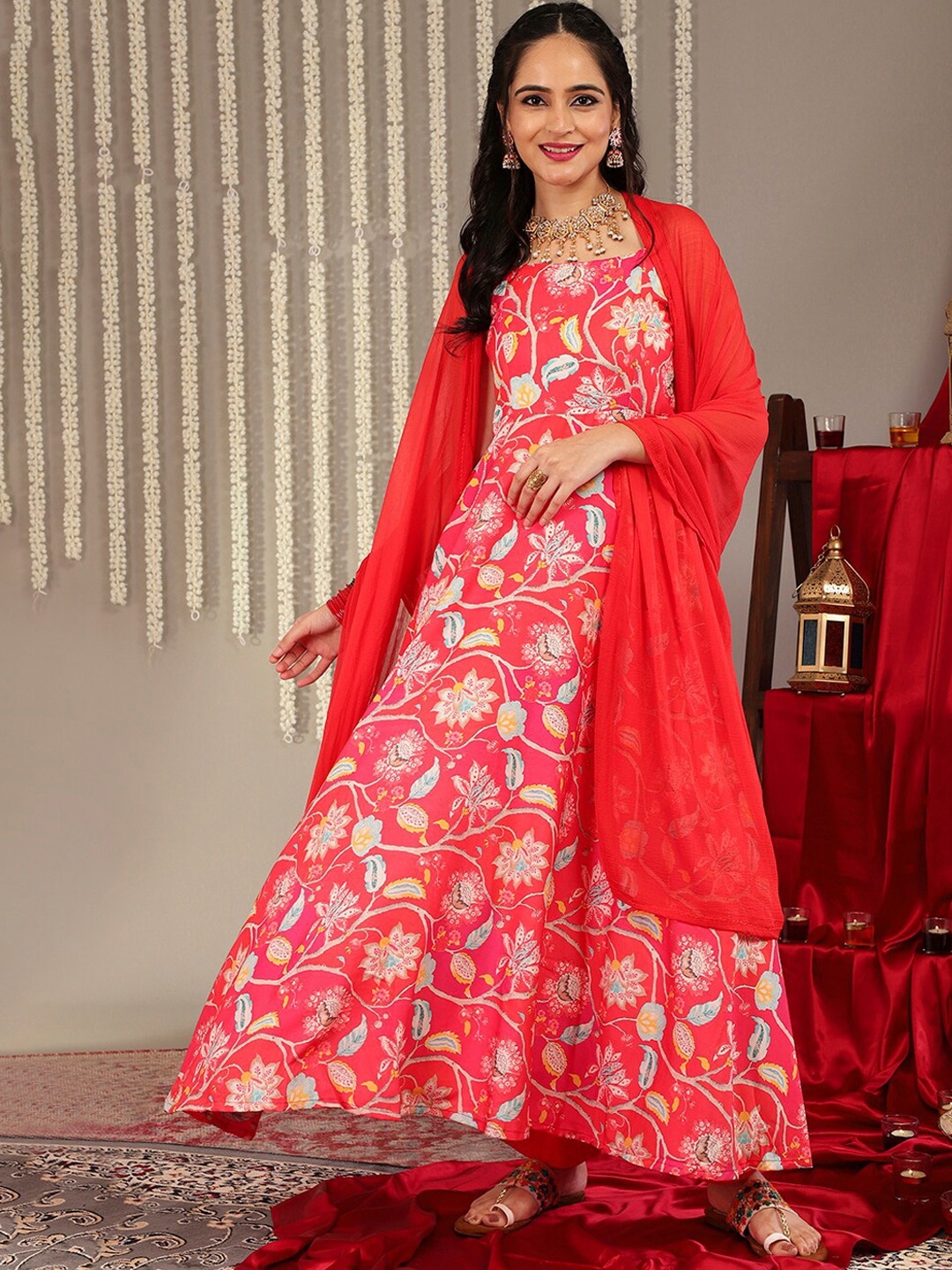 

KALINI Floral Printed Empire Kurta with Trousers & Dupatta, Red