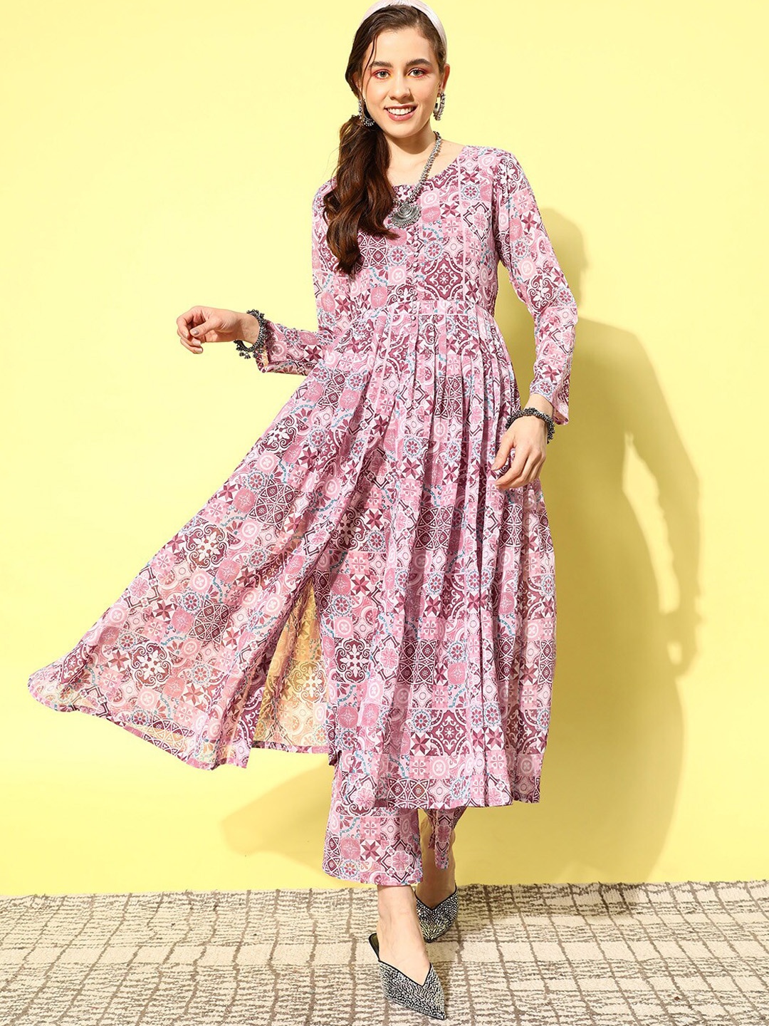 

KALINI Ethnic Motifs Printed Empire Silk Georgette Kurta with Trousers, Pink