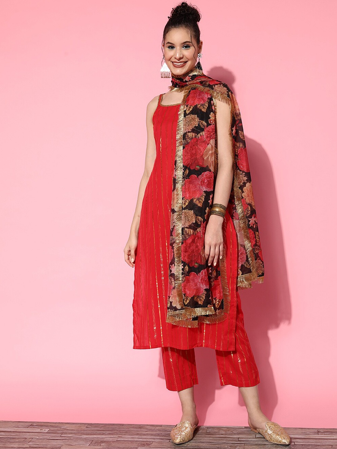 

KALINI Striped Pure Cotton Kurta With Trouser & Dupatta, Red