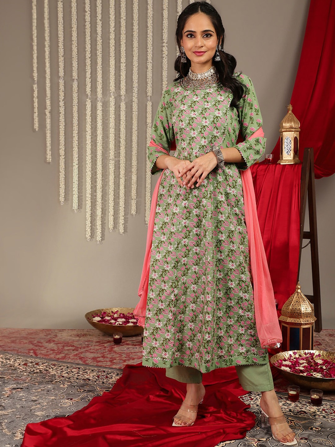 

KALINI Floral Printed Empire Gotta Patti Pure Cotton Kurta with Trousers & With Dupatta, Green