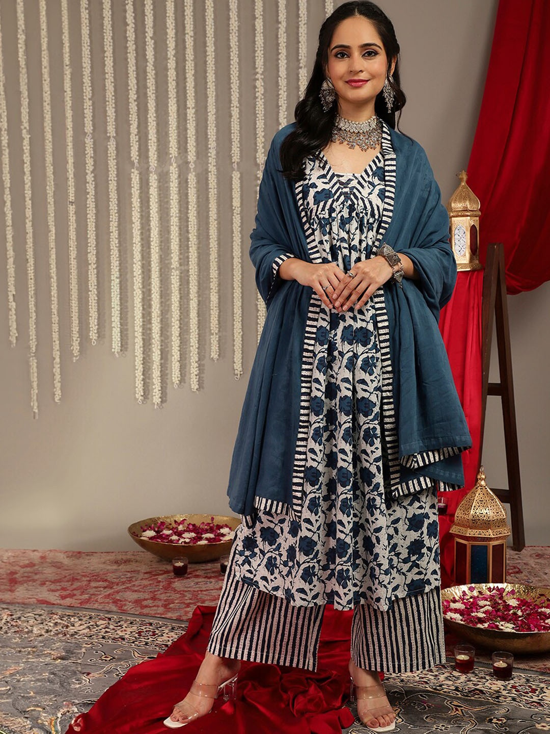 

KALINI Printed Regular Thread Work Pure Cotton Kurta with Palazzos & Dupatta, White