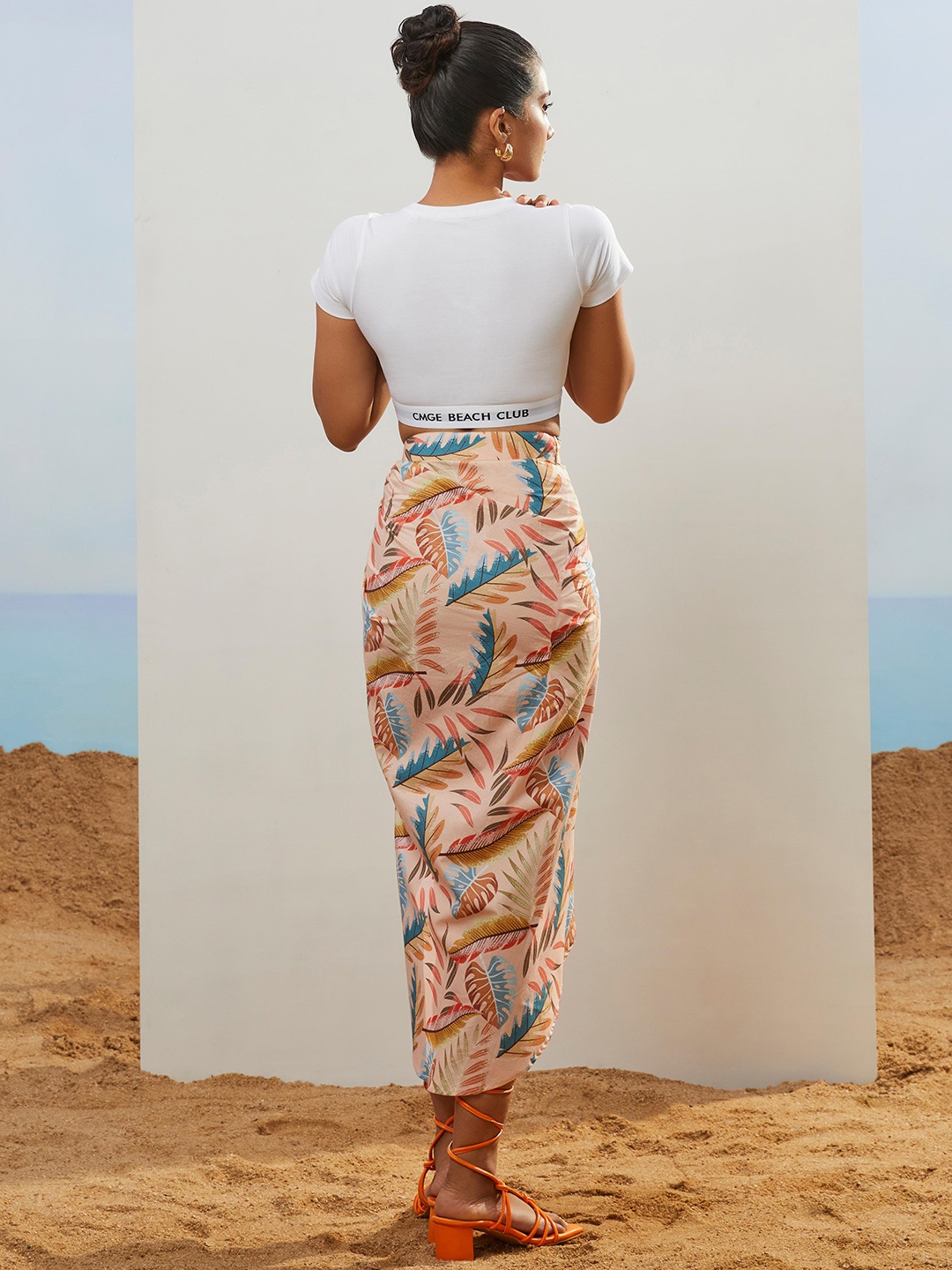 

CMGE Bow-Detailed Knee-Length Pure Cotton Wrap Skirt, Peach