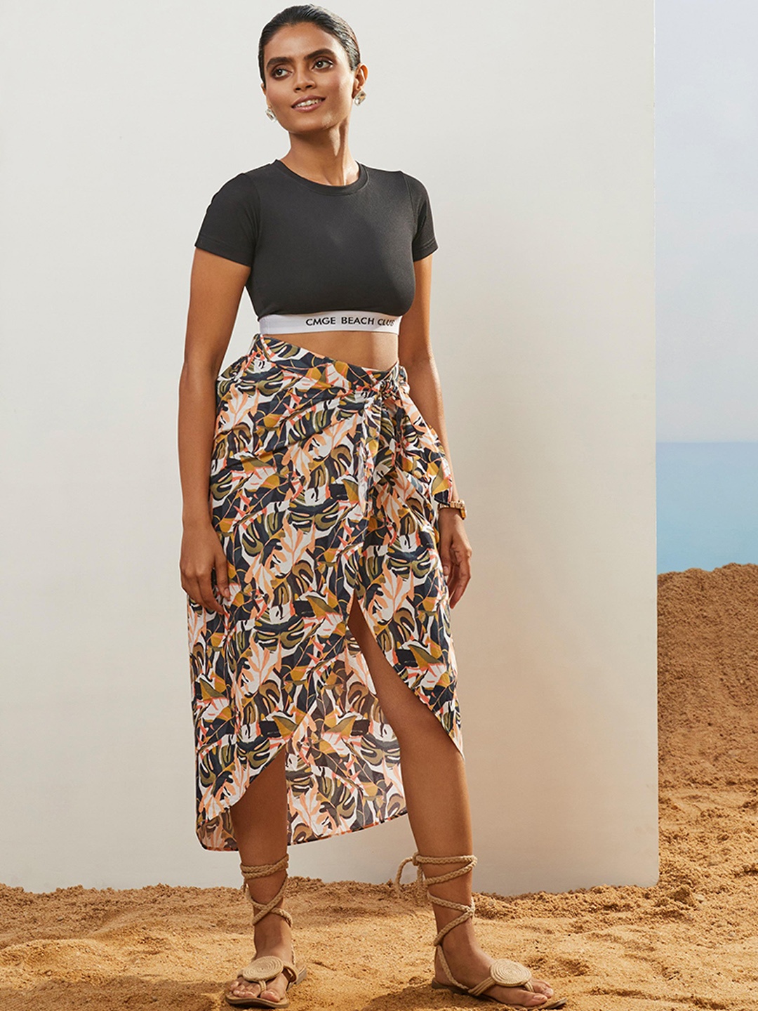 CMGE Floral Printed Pure Cotton Knee length Wrap Skirts, Navy blue