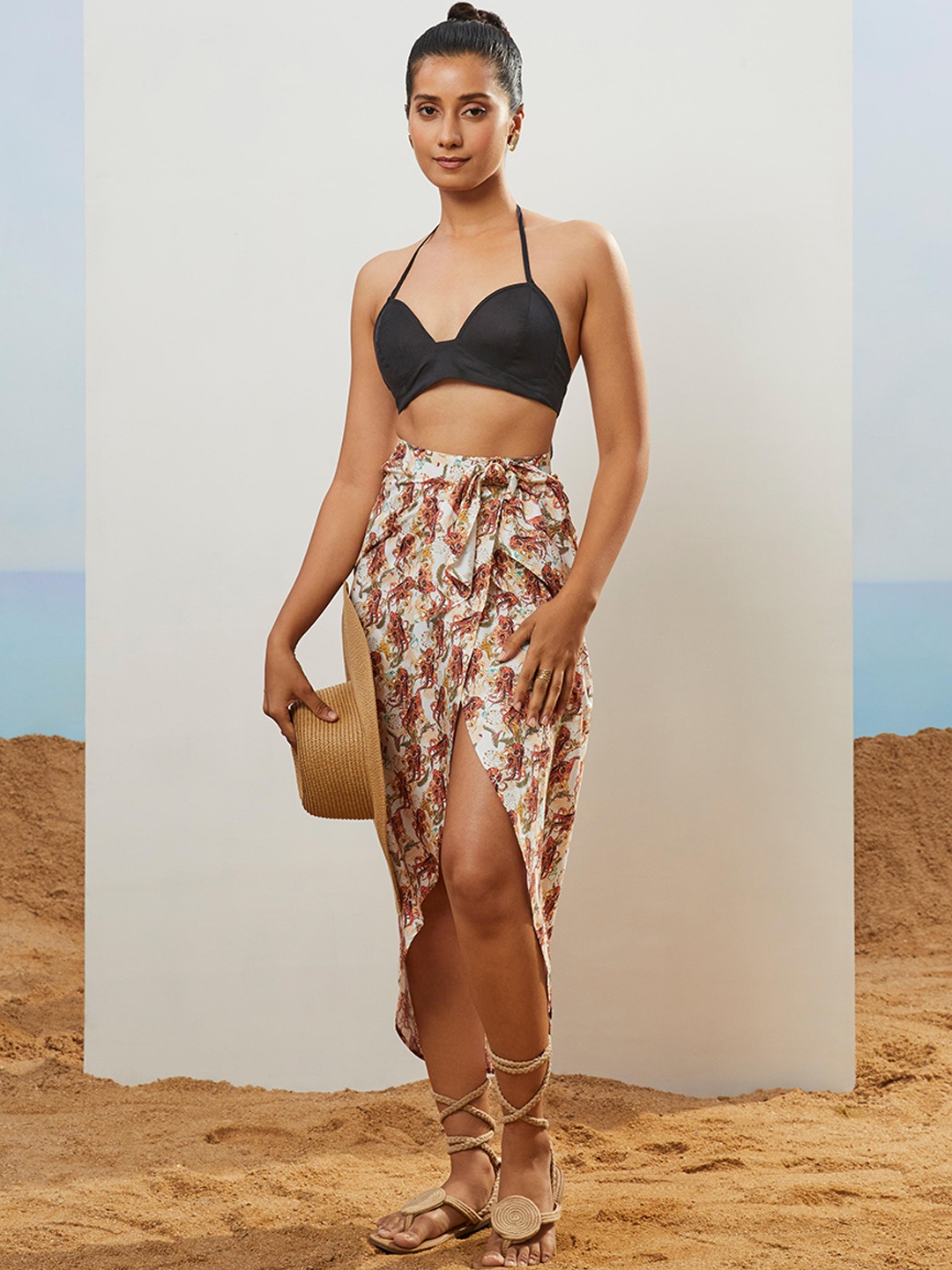 CMGE Tropical Printed Bow-Detailed Knee-Length Wrap Skirt, White