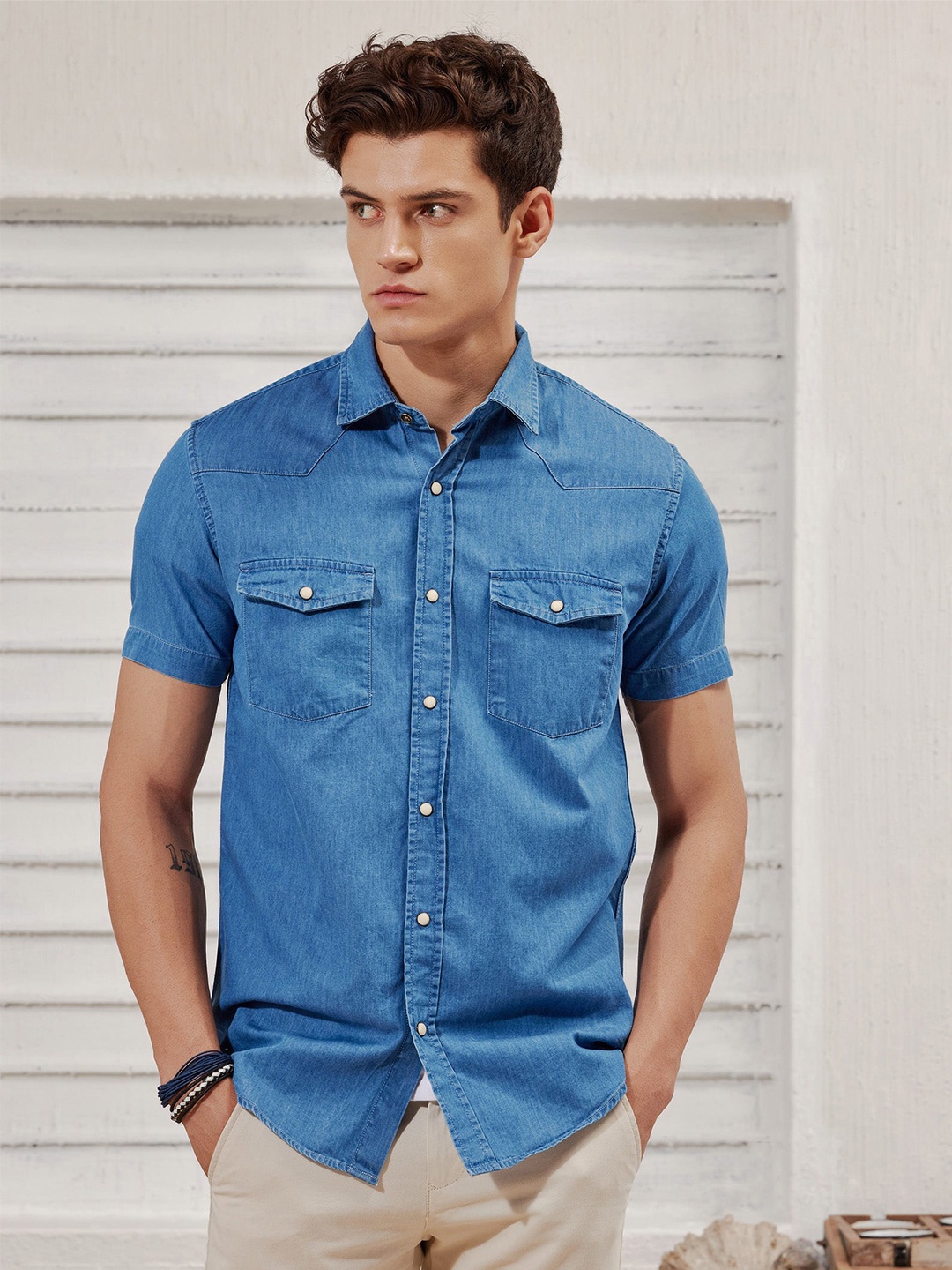 

Red Flame Spread Collar Short Sleeves Cotton Casual Shirt, Blue